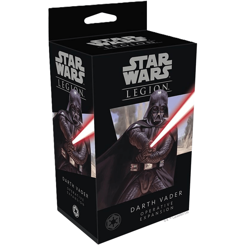 The Star Wars: Legion – Darth Vader Operative Expansion by Fantasy Flight Games features Darth Vader with a red lightsaber on dark-themed packaging, alongside Star Wars logos and product details.