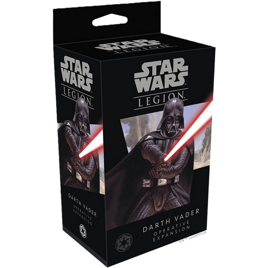 The Star Wars: Legion – Darth Vader Operative Expansion by Fantasy Flight Games features Darth Vader with a red lightsaber on dark-themed packaging, alongside Star Wars logos and product details.