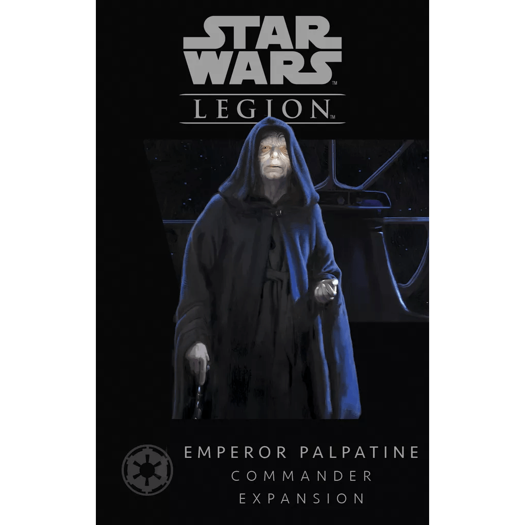 Box art for the Star Wars: Legion – Emperor Palpatine Commander Expansion by Fantasy Flight Games shows Emperor Palpatine in a dark hooded robe with a menacing expression, standing before a spaceship window.