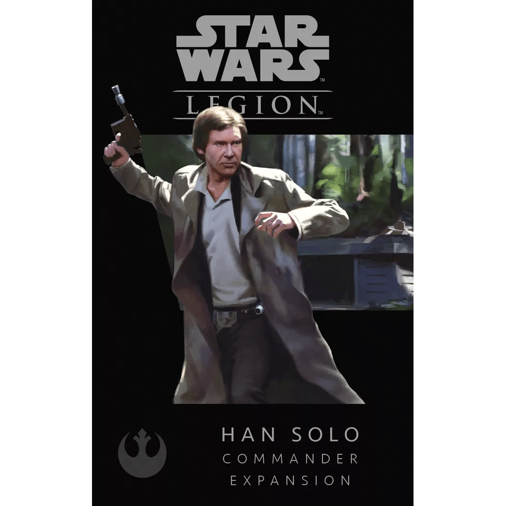 The Fantasy Flight Games Star Wars: Legion – Han Solo Commander Expansion box shows Han Solo in a brown coat with a blaster in a forest. The Rebel Alliance symbol appears below the product name on the box.