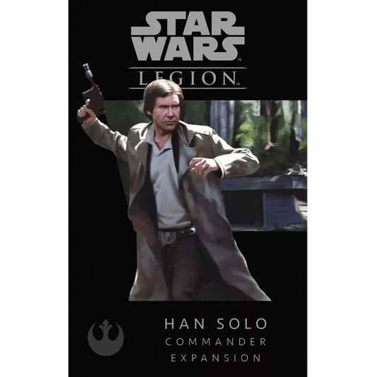 The Fantasy Flight Games Star Wars: Legion – Han Solo Commander Expansion box shows Han Solo in a brown coat with a blaster in a forest. The Rebel Alliance symbol appears below the product name on the box.