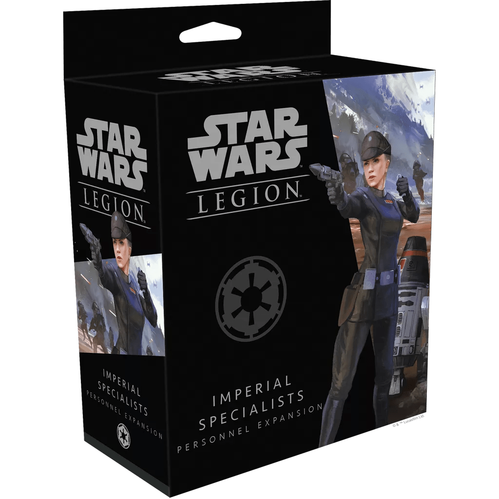 Box of Fantasy Flight Games’ Star Wars: Legion – Imperial Specialists Personnel Expansion, featuring the Imperial Officer unit and a droid amid a dramatic battle scene.