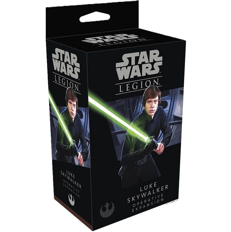 A black box from Fantasy Flight Games for Star Wars: Legion titled "Luke Skywalker Operative Expansion," featuring Jedi Knight Luke Skywalker with a green lightsaber on the front.