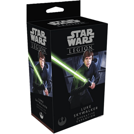 A black box from Fantasy Flight Games for Star Wars: Legion titled "Luke Skywalker Operative Expansion," featuring Jedi Knight Luke Skywalker with a green lightsaber on the front.