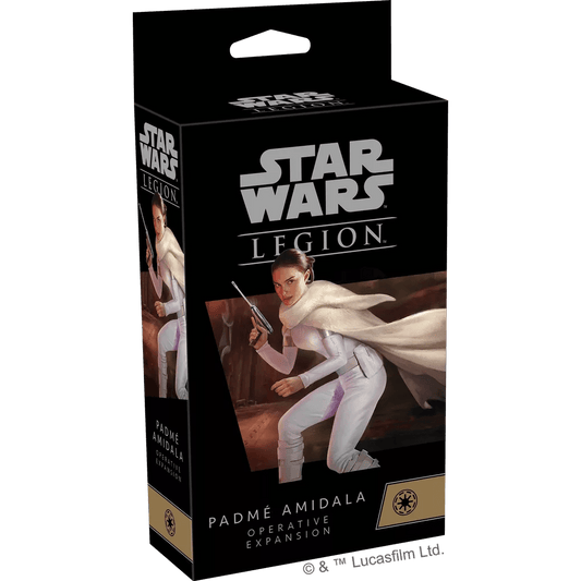 The black box for Fantasy Flight Games' Star Wars: Legion – Padmé Amidala Operative Expansion features Padmé in white armor with a blaster, displaying the Star Wars: Legion logo and title for the Galactic Republic.