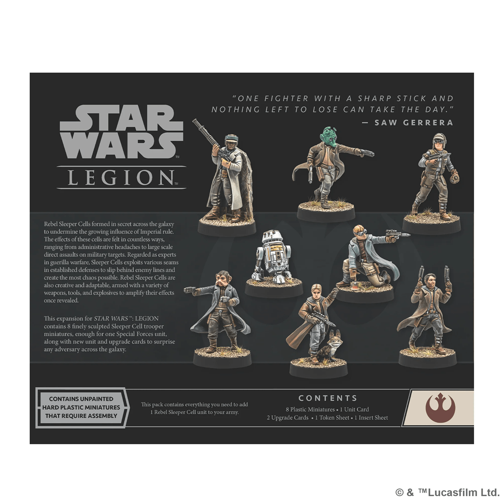 The box for Star Wars: Legion – Rebel Sleeper Cell Unit Expansion by Atomic Mass Games shows seven unpainted Rebel minis on display bases, product details, a Saw Gerrera quote in the top right, and the Star Wars: Legion logo on the left.