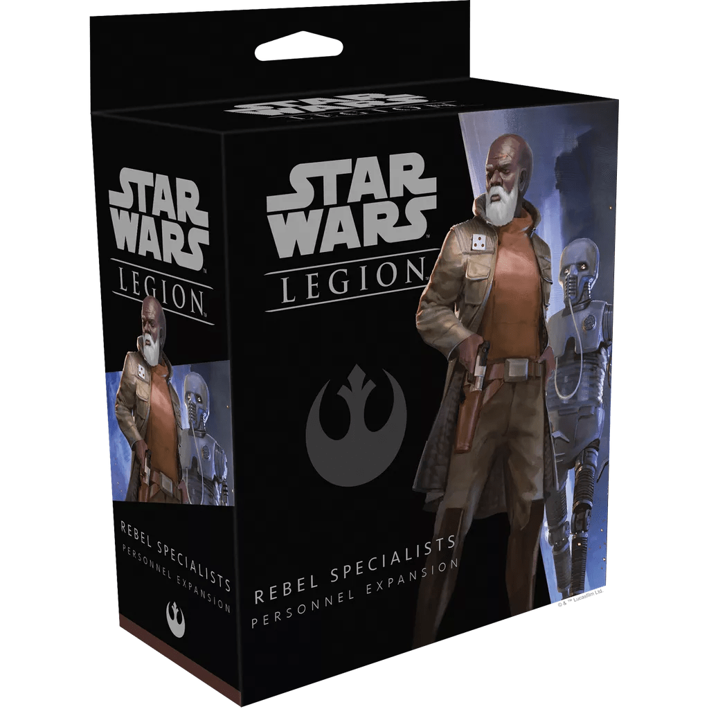 A box for Fantasy Flight Games’ Star Wars: Legion – Rebel Specialists Personnel Expansion, showing illustrated characters like a bearded man in a brown jacket and several droids in the background.