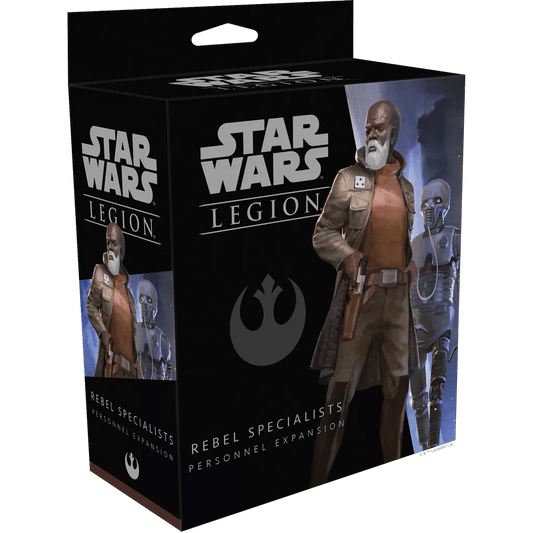 A box for Fantasy Flight Games’ Star Wars: Legion – Rebel Specialists Personnel Expansion, showing illustrated characters like a bearded man in a brown jacket and several droids in the background.