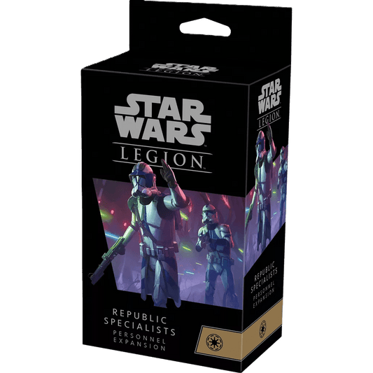 A box of Fantasy Flight Games' Star Wars: Legion – Republic Specialists Personnel Expansion shows armored Clone Troopers with weapons on a vibrant sci-fi background, and features the iconic Republic symbol on the packaging.