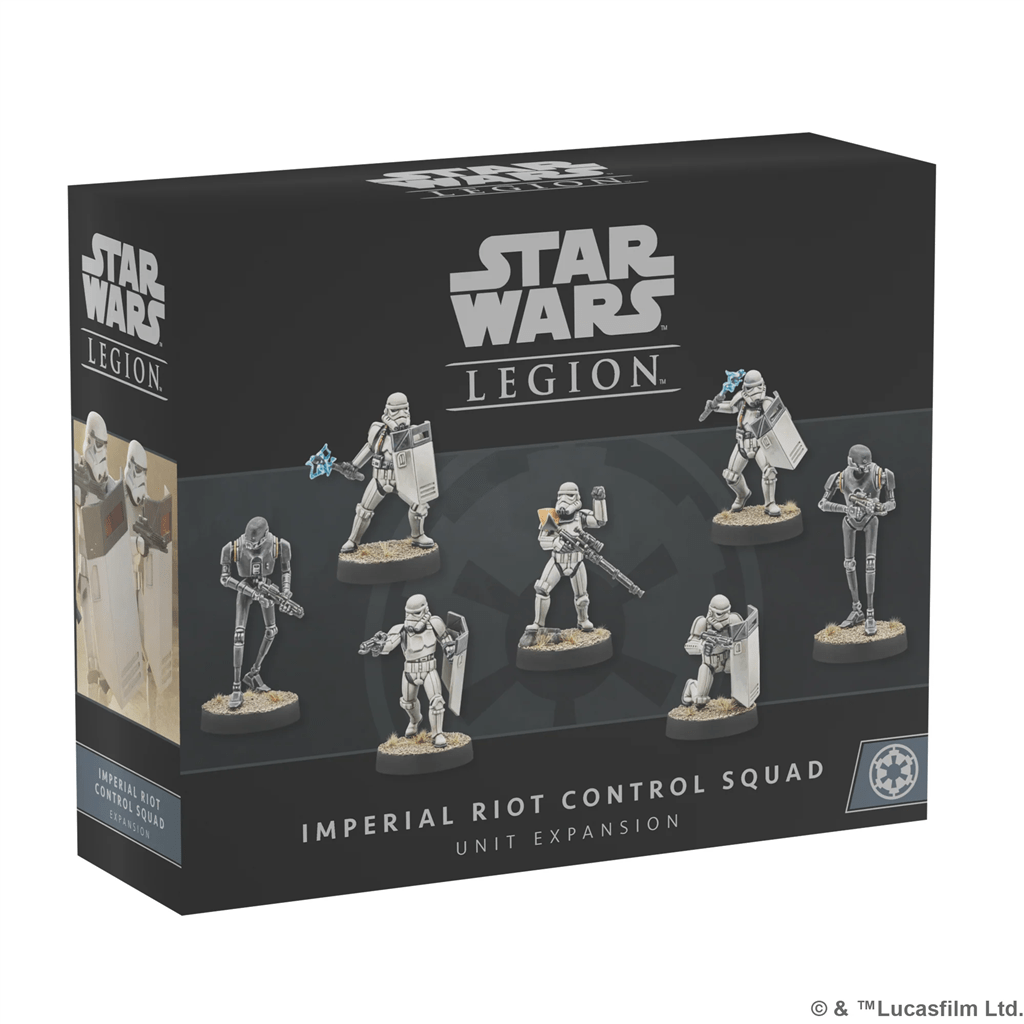 Expand your Star Wars: Legion army with the Riot Control Squad Unit Expansion by Atomic Mass Games, featuring Imperial stormtrooper miniatures equipped with shields, batons, and blasters for dynamic tabletop gameplay.