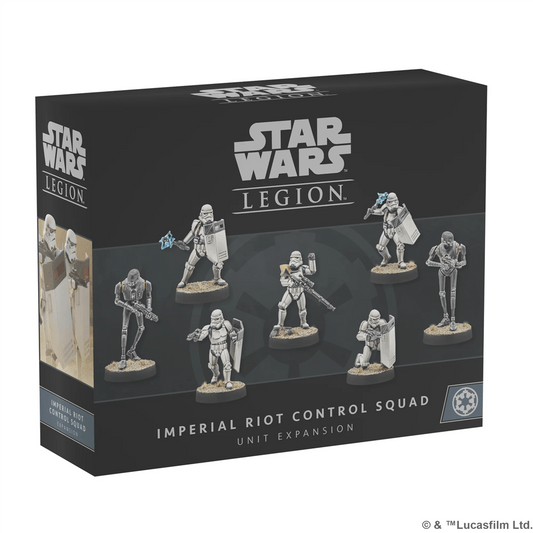 Expand your Star Wars: Legion army with the Riot Control Squad Unit Expansion by Atomic Mass Games, featuring Imperial stormtrooper miniatures equipped with shields, batons, and blasters for dynamic tabletop gameplay.