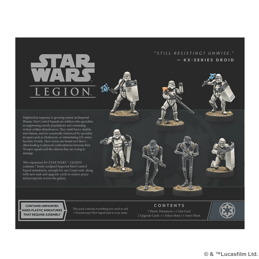 Box art for Star Wars: Legion – Riot Control Squad Unit Expansion by Atomic Mass Games, showing six painted Imperial miniatures—stormtroopers and droids—on display bases, with contents listed below.