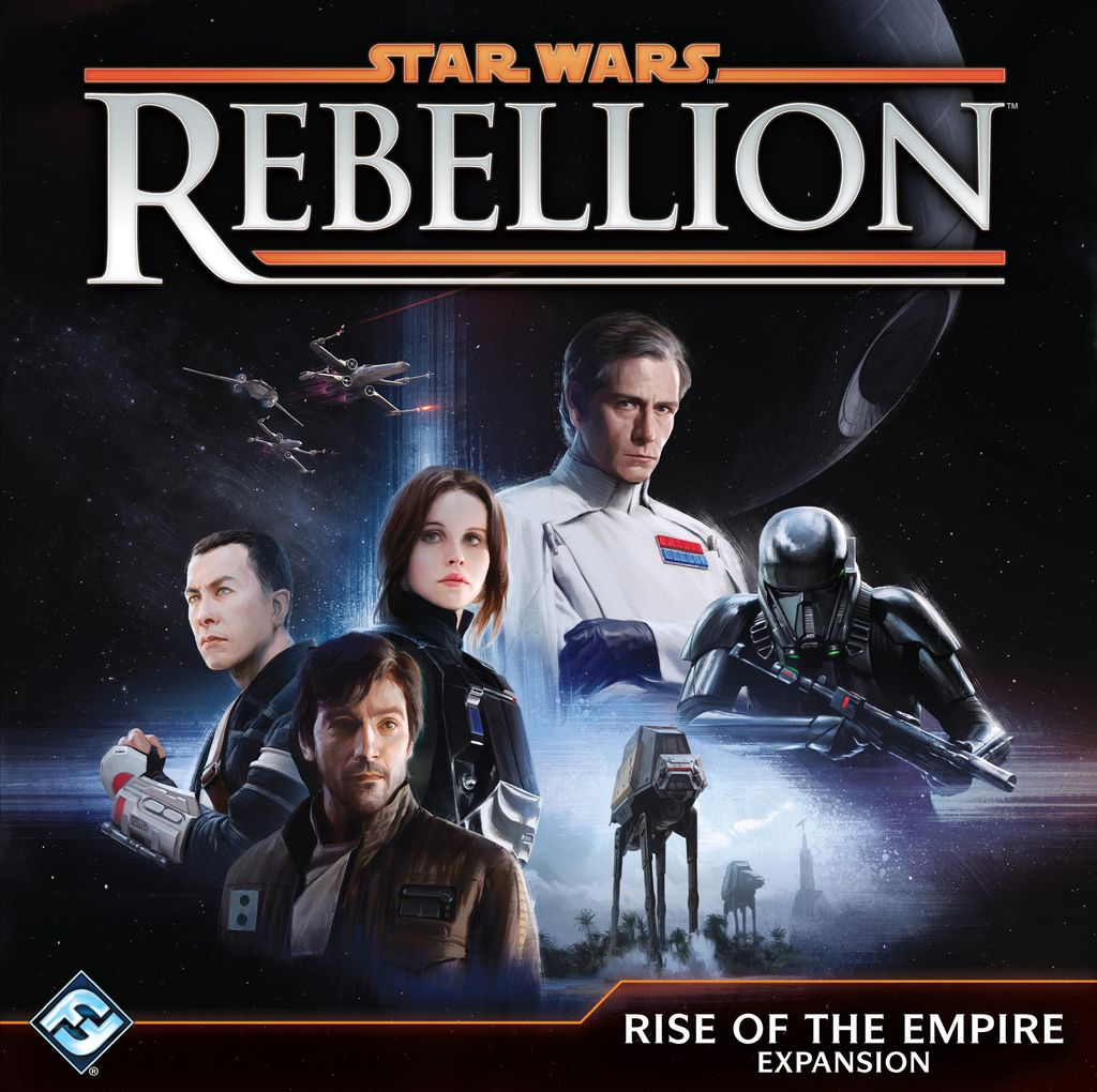 The cover art for Fantasy Flight Games' Star Wars: Rebellion Rise of the Empire Expansion showcases key characters, starships, and an AT-AT under a huge planet, with the game’s title and expansion name inspired by Rogue One.