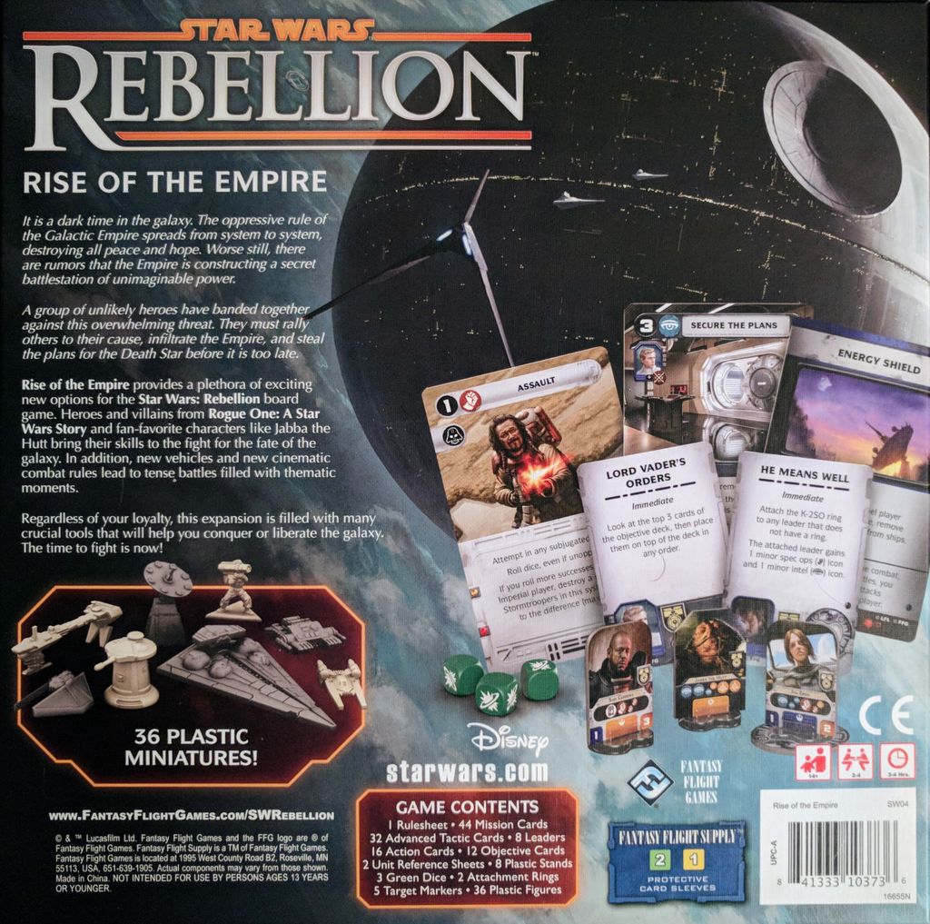 The back of the Star Wars: Rebellion Rise of the Empire Expansion box by Fantasy Flight Games showcases the Death Star, miniatures, cards, dice, and tokens on a dramatic space-themed background inspired by Rogue One.