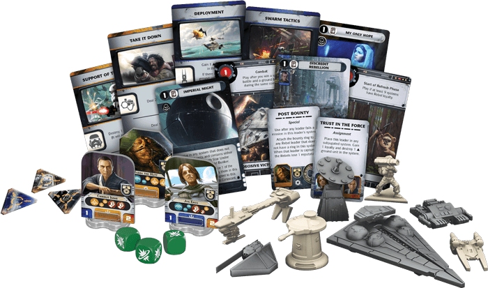 A display of Star Wars: Rebellion Rise of the Empire Expansion game pieces, cards, dice, tokens, and miniatures by Fantasy Flight Games—including ships and characters—appears on a white background.