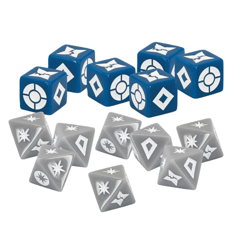 A set of blue and gray six-sided dice from the Star Wars: Shatterpoint – Dice Pack by Atomic Mass Games, each with white geometric and starburst symbols, displayed in two groups on a plain white background.