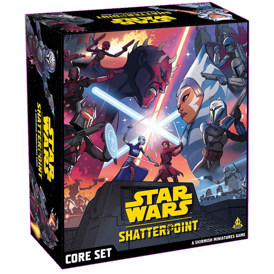 Box for Star Wars: Shatterpoint by Atomic Mass Games features iconic characters in a lightsaber duel, striking action poses against a vibrant cosmic background. Text reads: A Skirmish Miniatures Game—an epic Star Wars experience.