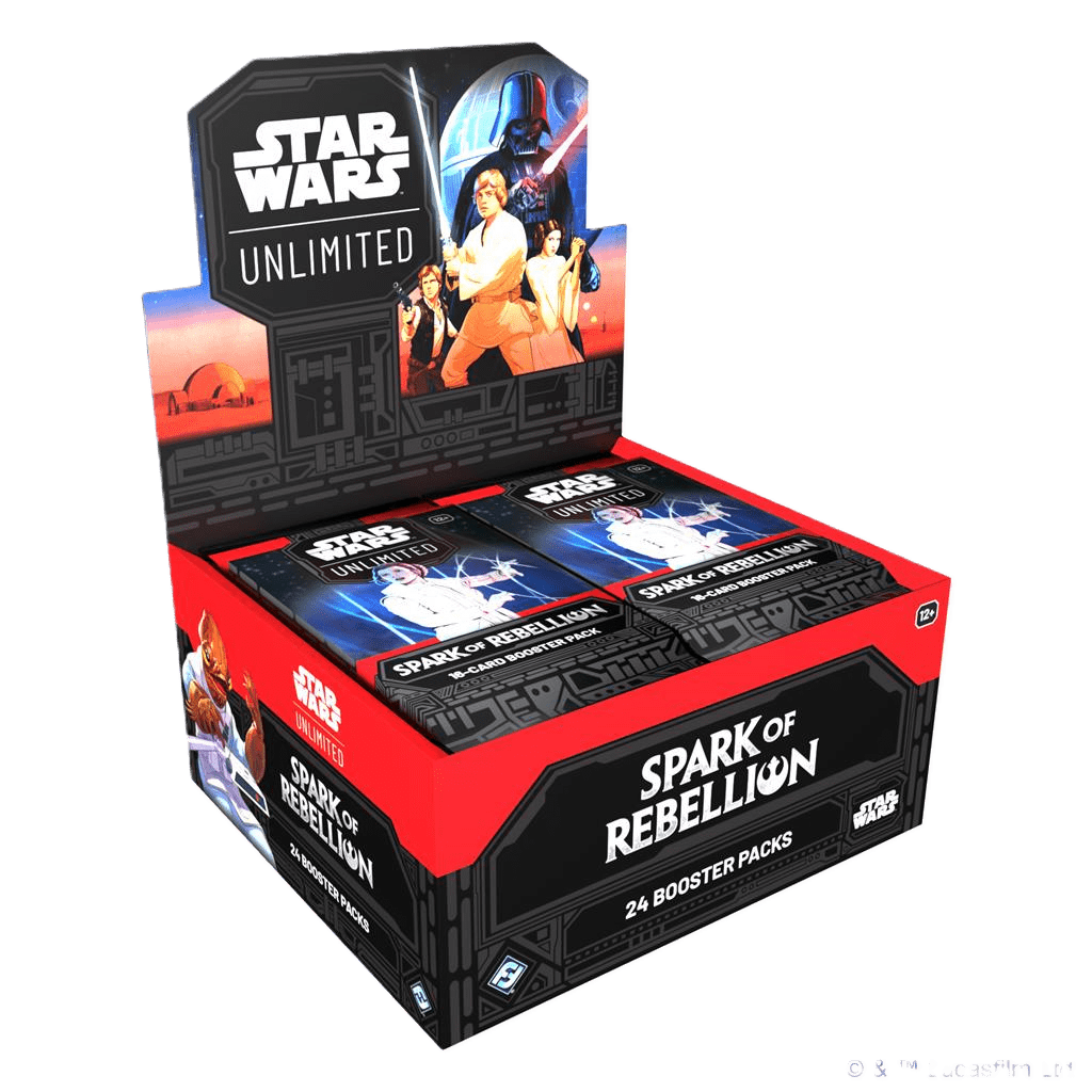 The Star Wars: Unlimited – Spark of Rebellion Booster Display by Fantasy Flight Games is ideal for trading card fans, featuring iconic Star Wars art and includes 24 booster packs.
