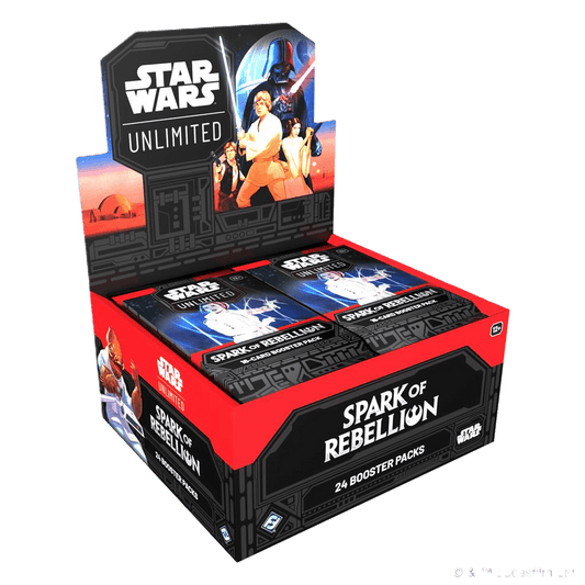 The Star Wars: Unlimited – Spark of Rebellion Booster Display by Fantasy Flight Games is ideal for trading card fans, featuring iconic Star Wars art and includes 24 booster packs.