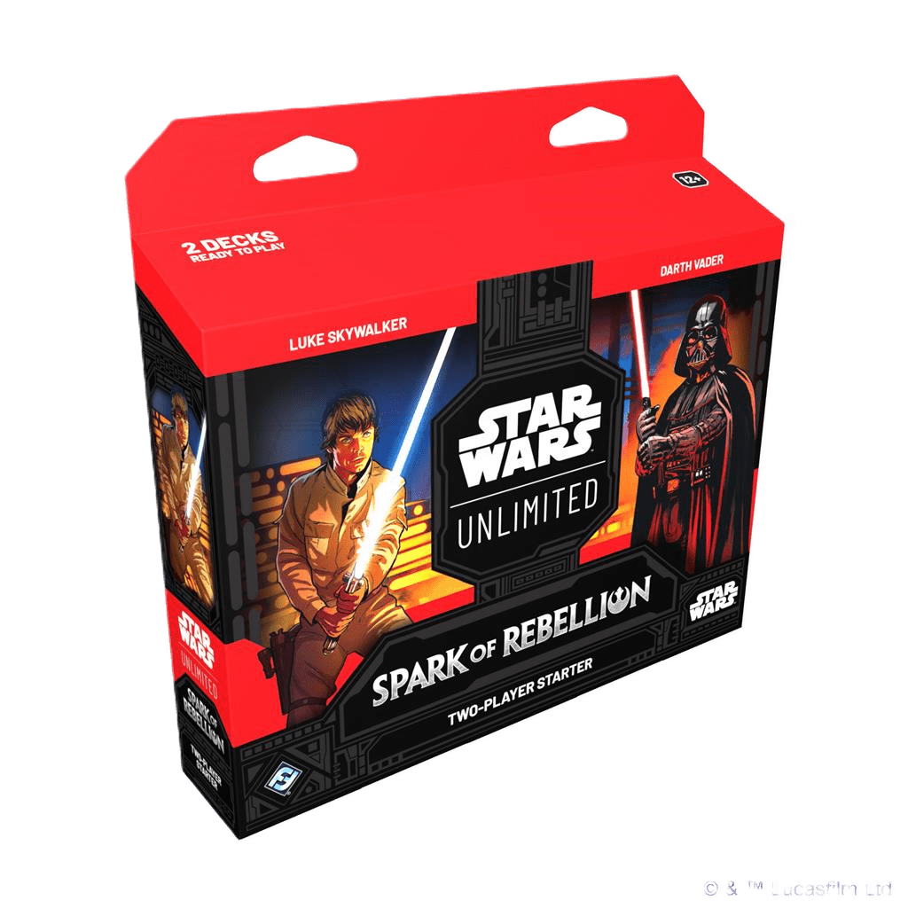 The Star Wars: Unlimited – Spark of Rebellion Two-Player Starter Set by Fantasy Flight Games features illustrated Luke Skywalker and Darth Vader on the box and includes two pre-built decks ready for play.
