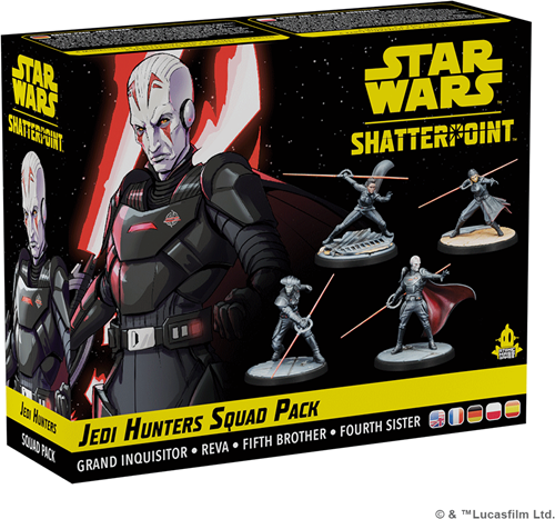 A Star Wars: Shatterpoint – Jedi Hunters Squad Pack box by Atomic Mass Games, showing artwork of Grand Inquisitor leading the Inquisitors plus miniature photos of Grand Inquisitor, Reva, Fifth Brother, and Fourth Sister.