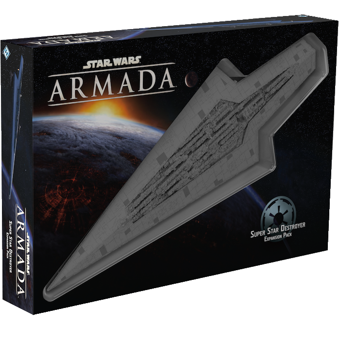 Box for the Fantasy Flight Games Star Wars Armada Super Star Destroyer Expansion Pack, showcasing the massive Galactic Empire ship against a vivid space backdrop with a distant planet.