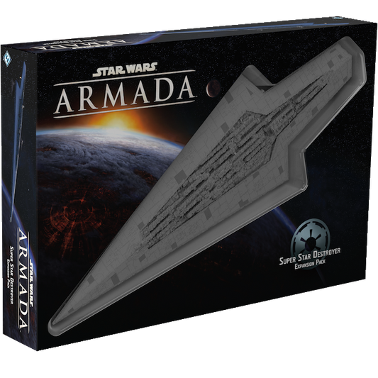 Box for the Fantasy Flight Games Star Wars Armada Super Star Destroyer Expansion Pack, showcasing the massive Galactic Empire ship against a vivid space backdrop with a distant planet.
