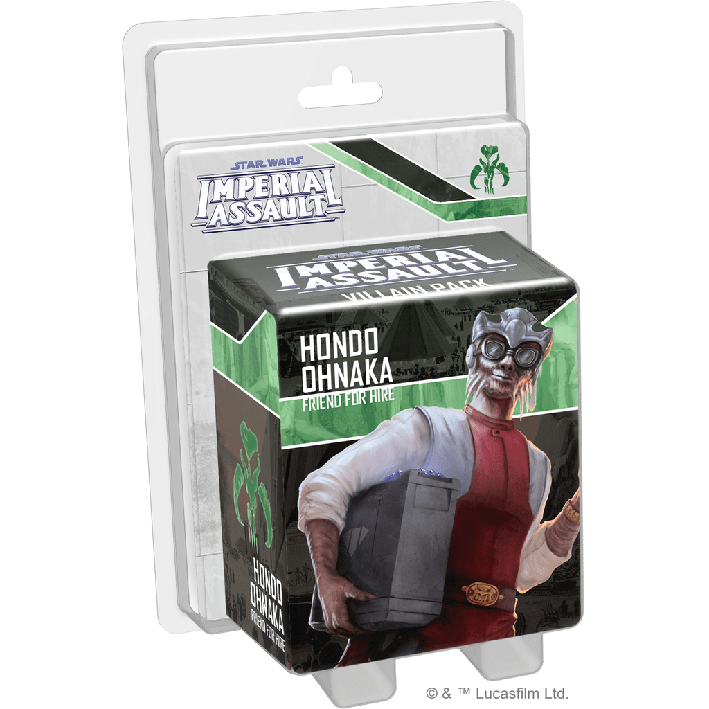 The Star Wars: Imperial Assault Hondo Ohnaka Villain Pack by Fantasy Flight Games features the Weequay pirate "Friend for Hire," includes blaster artwork, and is an expansion compatible with Tyrants of Lothal.