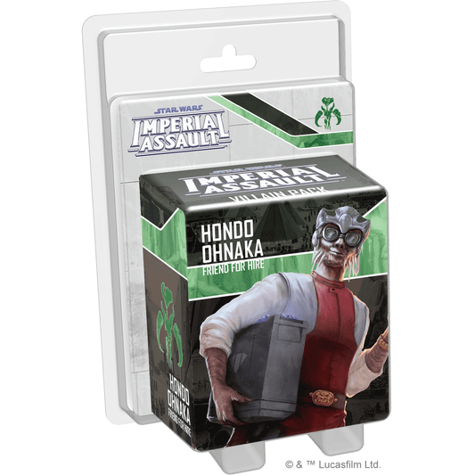 The Star Wars: Imperial Assault Hondo Ohnaka Villain Pack by Fantasy Flight Games features the Weequay pirate "Friend for Hire," includes blaster artwork, and is an expansion compatible with Tyrants of Lothal.