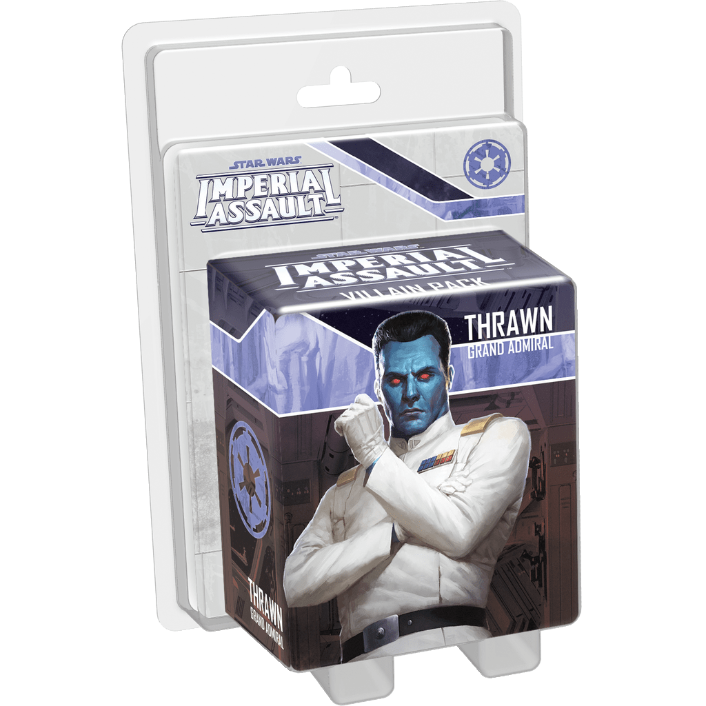 The Star Wars: Imperial Assault Thrawn Villain Pack by Fantasy Flight Games features Grand Admiral Thrawn in a white uniform with blue skin, arms crossed, on the box alongside prominent Star Wars and Imperial logos.