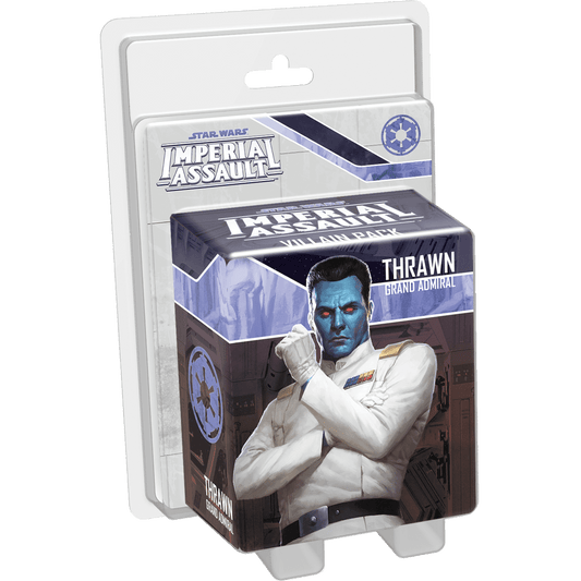 The Star Wars: Imperial Assault Thrawn Villain Pack by Fantasy Flight Games features Grand Admiral Thrawn in a white uniform with blue skin, arms crossed, on the box alongside prominent Star Wars and Imperial logos.