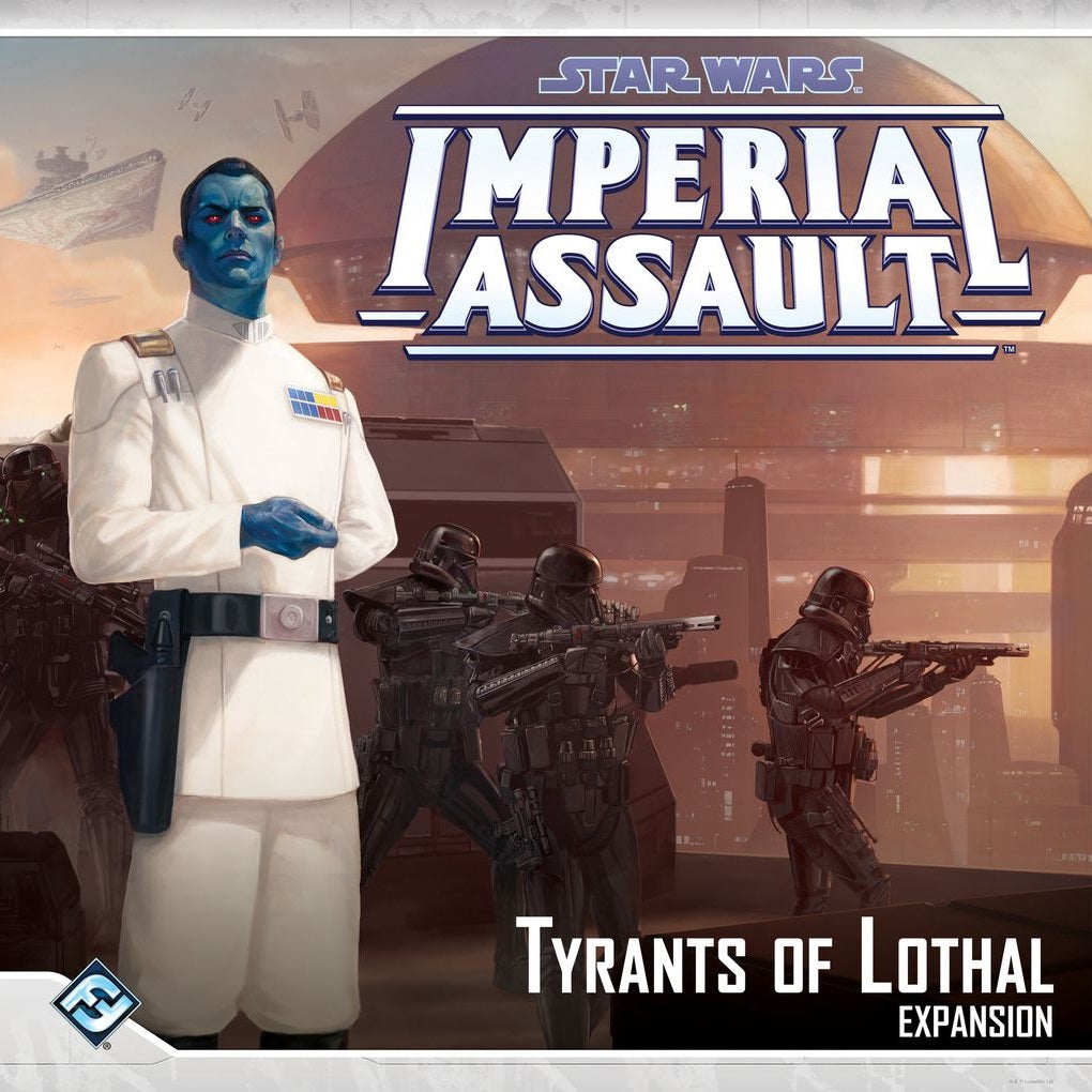 Box art for Fantasy Flight Games’ Star Wars: Imperial Assault Tyrants of Lothal features Grand Admiral Thrawn in white, stormtroopers, and a cityscape from its Star Wars Rebels-inspired mini-campaign.