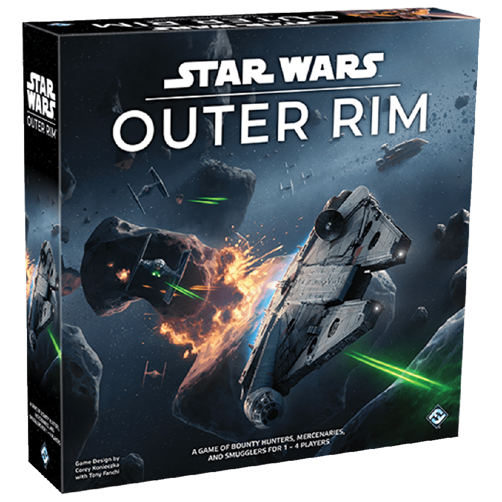 Box for Star Wars: Outer Rim by Fantasy Flight Games, showing a spaceship flying through an asteroid field amidst laser blasts and explosions. The Star Wars logo and game title appear prominently at the top.