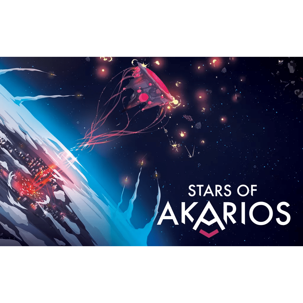 A neon spaceship and glowing jellyfish-like beings drift above a blue planet in space, evoking cosmic adventure. The title "Stars of Akarios" by OOMM Games appears in bold white letters on the right side of the image.