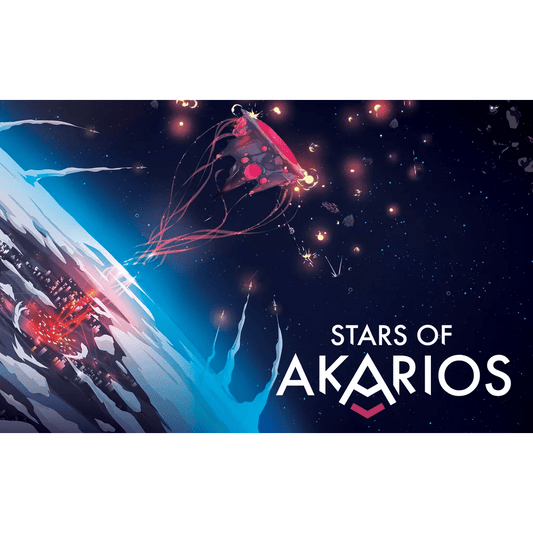 A neon spaceship and glowing jellyfish-like beings drift above a blue planet in space, evoking cosmic adventure. The title "Stars of Akarios" by OOMM Games appears in bold white letters on the right side of the image.