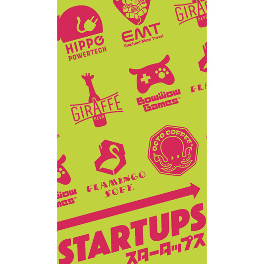 Bright yellow-green poster for “Startups” by Oink Games, featuring playful logos and names like Hippo Powertech, BowWow Games, Giraffe Beer, EMT, Flamingo Soft, and Octo Coffee—a fun card game for aspiring investors. Japanese text at the bottom.