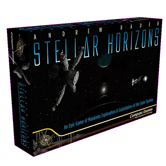 A box for Stellar Horizons by Compass Games displays spaceships and planets. The tagline reads: An epic solar system strategy game of mankind’s exploration & exploitation of the solar system.