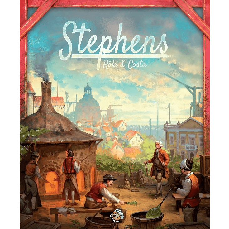 The Stephens board game by Pile Up Games features an illustrated cover showing master glassmakers in period attire near a brick oven, set against a backdrop of a European town with domed buildings.