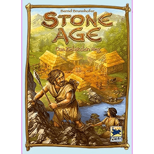 Cover of Stone Age: Das Ziel ist dein Weg by Hans im Glück shows people in primitive clothing with spears by a river, wooden huts, and mountains—evoking early civilization. Title and brand appear at the top.