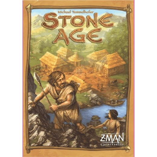 The cover art for Stone Age by Z-Man Games features people in ancient attire building huts, fishing, and carrying tools in a riverside village, with forests and mountains in the background. The bold title tops the vibrant prehistoric scene.