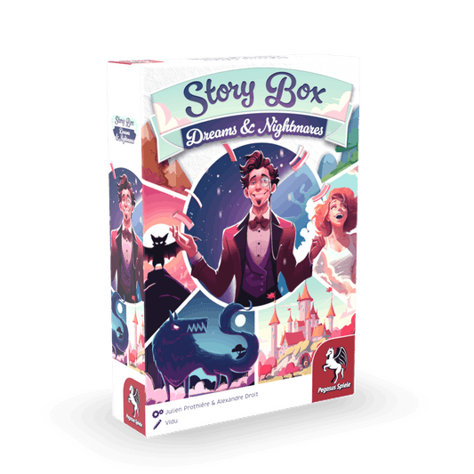 Box cover of Story Box: Dreams & Nightmares by Pegasus Spiele, showing a smiling man in a tuxedo, a woman in red, a blue elephant, and shadowy figures in a whimsical, dreamlike scene.