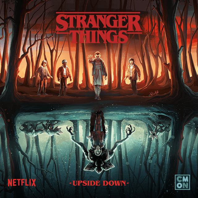Four kids and a woman stand in a creepy forest with eerie red-orange light as sinister reflections and a monster loom below—a scene evoking the Upside Down. Perfect for fans of Stranger Things: Upside Down by Cool Mini Or Not.