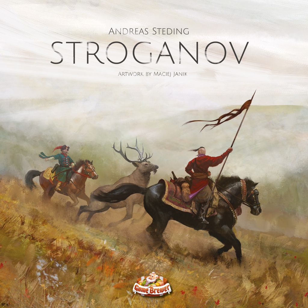 Two riders on horseback, one bearing a flag, chase a large stag across a misty plain. The text displays Stroganov by Game Brewer—A Siberian exploration game—with artwork by Maciej Janik and Game Brewer's logo above.