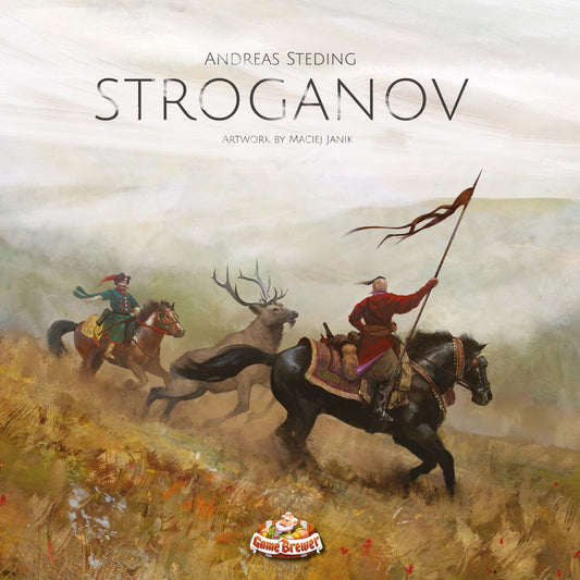 Two riders on horseback, one bearing a flag, chase a large stag across a misty plain. The text displays Stroganov by Game Brewer—A Siberian exploration game—with artwork by Maciej Janik and Game Brewer's logo above.