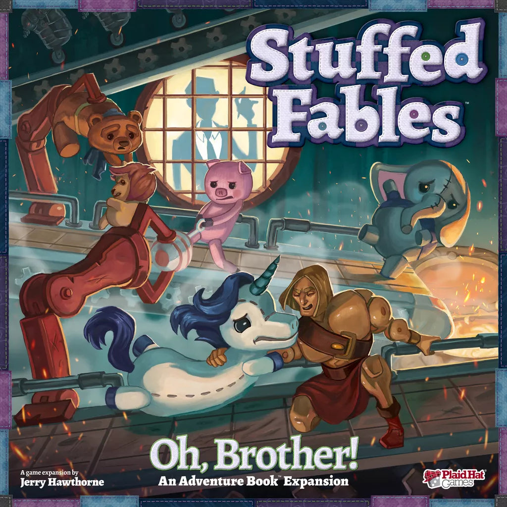 Four plush heroes—a bear, pink pig, blue elephant, and white unicorn—battle an armored foe in a vibrant room in Gamer's Dream’s Stuffed Fables: Oh, Brother! Expansion board game.