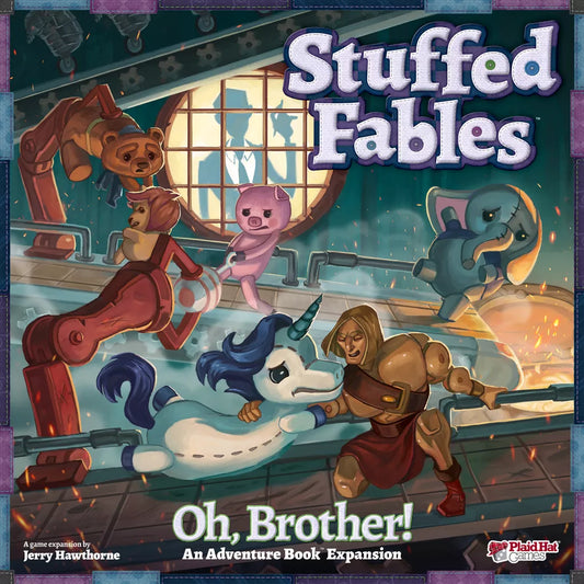 Four plush heroes—a bear, pink pig, blue elephant, and white unicorn—battle an armored foe in a vibrant room in Gamer's Dream’s Stuffed Fables: Oh, Brother! Expansion board game.