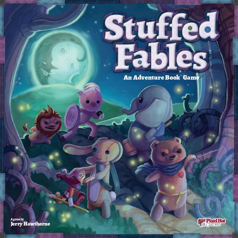Five stuffed animals, including a bear, rabbit, elephant, and lion, stand bravely at night under the moon in the enchanting cover art for Stuffed Fables by Plaid Hat Games.