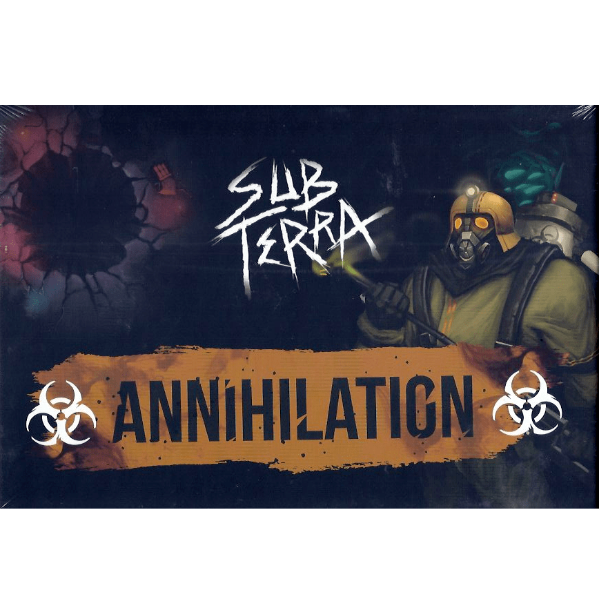 Box cover for Inside the Box Board Games' Sub Terra: Annihilation Expansion, showing a hazmat-suited figure with gas mask, biohazard symbols, and a cracked dark background beneath the bold white title of this cooperative horror game.