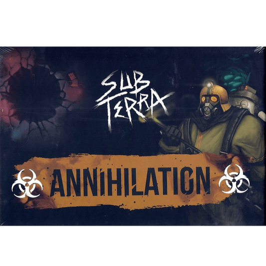 Box cover for Inside the Box Board Games' Sub Terra: Annihilation Expansion, showing a hazmat-suited figure with gas mask, biohazard symbols, and a cracked dark background beneath the bold white title of this cooperative horror game.