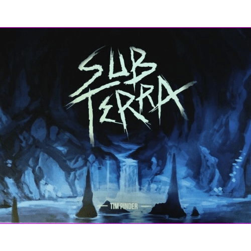 Cover art for Sub Terra Collector's Edition by Inside the Box Board Games features bold jagged white text over a dark, blue-toned cave with rock formations and a waterfall—ideal for graphic novel fans and collectors.